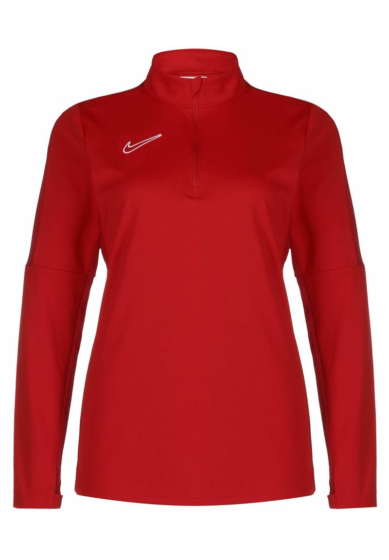 Pullover rosso a maniche lunghe con colletto alzato e zip a metà. Presenta un logo Nike bianco sul petto. Tessuto liscio e leggero.