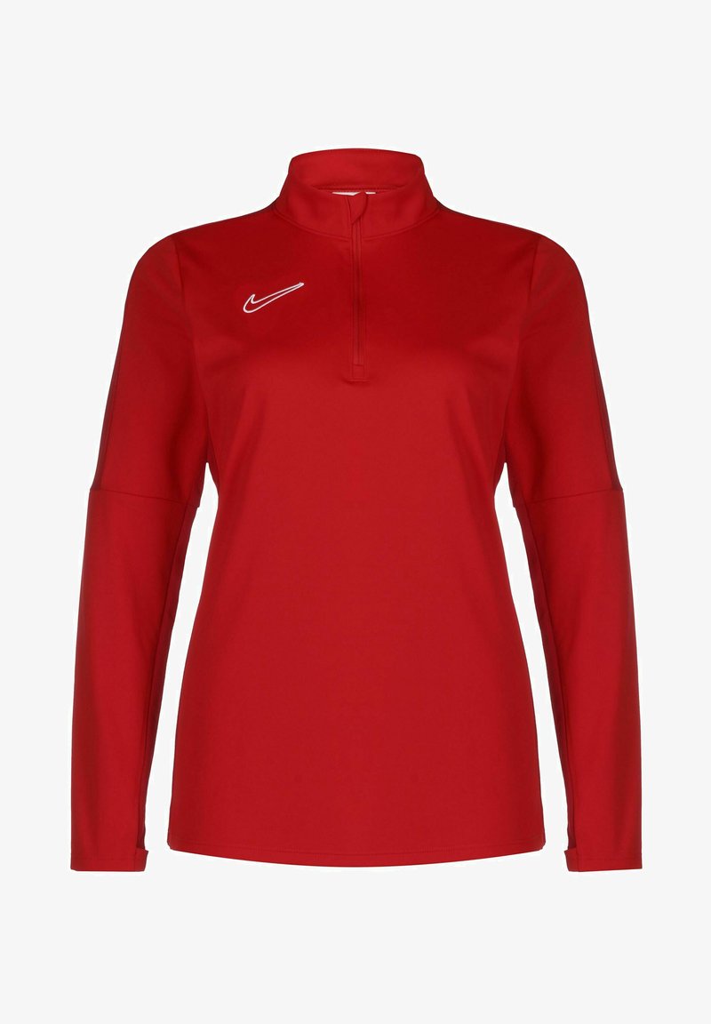 Rotes Langarm-Pullover-Oberteil mit Stehkragen und halbem Reißverschluss. Verfügt über ein weißes Nike-Logo auf der Brust. Glatt, leichtes Material.