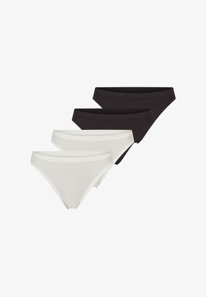 Quattro pezzi di biancheria intima stile bikini senza cuciture sovrapposti, due bianchi e due neri, mostrati su uno sfondo bianco.