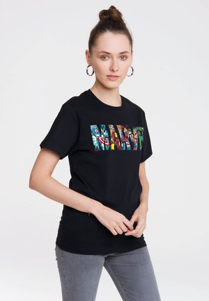 Black cotton t-shirt featuring a multicolored “MARVEL” graphic on the front, with short sleeves and a crew neckline.