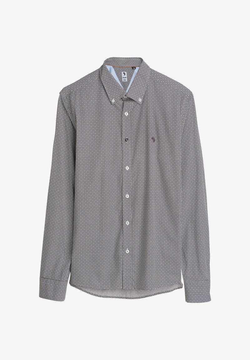 Langarm overhemd met knopen in zwart-wit, met een geometrisch patroon, klassieke kraag en witte knopen, met een blauwe accent binnenin de kraag.