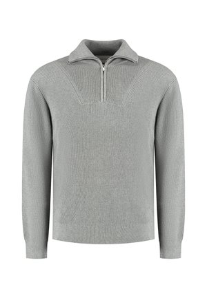 Grijze geribbelde gebreide pullover met een opstaande kraag, een halve ritssluiting aan de voorkant en een gestructureerd patroon. Lange mouwen en een rechte zoom.