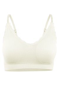 Bralette ribbed color beige chiaro con pizzo lungo il collo e le spalline, dotato di spalline regolabili e design senza cuciture ed elastico.