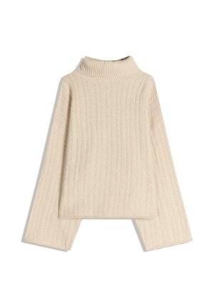Beige kabelstrik turtleneck sweater med vide ærmer, der har en ribbet tekstur og høj krave. Ingen knapper eller udsmykninger synlige.