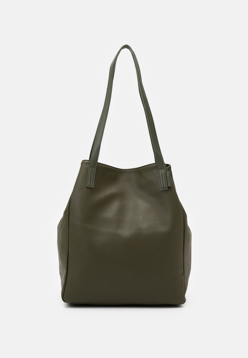Olivenvihreä nahkainen tote-laukku, jossa on teksturoitu pinta, kaksi tukevata olkahihnaa, tilava runko ja minimalistinen muotoilu. Ei näkyviä metalliosia.