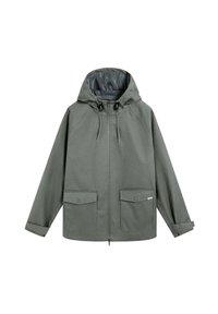 Chaqueta verde con capucha hecha de un tejido resistente, con cremallera frontal, dos grandes bolsillos con solapa y cordones ajustables en la capucha.