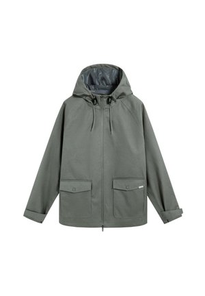 Grüne Kapuzenjacke aus strapazierfähigem Material mit einem frontalen Reißverschluss, zwei großen Klappentaschen und verstellbaren Kordeln an der Kapuze.