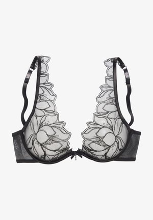 Schwarzer Spitzen-BH mit floraler Stickerei, durchsichtigen Mesh-Schalen, verstellbaren Satin-Trägern und einem dekorativen Frontanhänger.