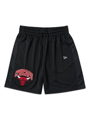 Black basketball shorts made of mesh fabric, featuring red "CHICAGO" text and a bull logo on the left leg. Elastic waistband with drawstring.