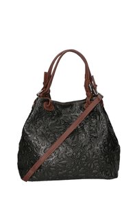 Borsa a mano in pelle nera con motivo floreale, dettagli in ecopelle marrone, doppi manici e tracolla rimovibile.