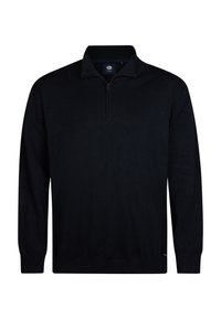 Schwarzer Reißverschluss-Pullover aus weichem Strickmaterial. Verfügt über lange Ärmel und einen Stehkragen mit einem dezenten Logotag am Saum.