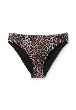 Braguita de bikini para mujer con estampado de leopardo en la parte delantera y tela negra en los laterales interiores, colocada plana sobre fondo blanco.