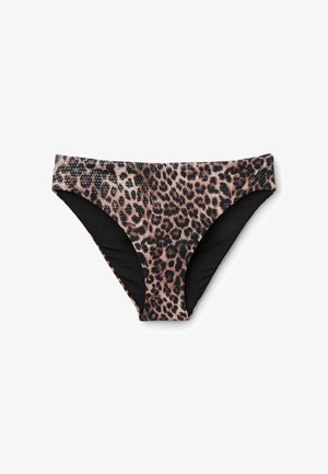 Braguita de bikini para mujer con estampado de leopardo en la parte delantera y tela negra en los laterales interiores, colocada plana sobre fondo blanco.