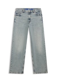 Jasnoniebieskie dzwony z denimu, z wyblakłymi miejscami, pięcioma kieszeniami oraz niebieskim, oznakowanym paskiem w talii.