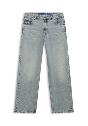 Jasnoniebieskie dzwony z denimu, z wyblakłymi miejscami, pięcioma kieszeniami oraz niebieskim, oznakowanym paskiem w talii.