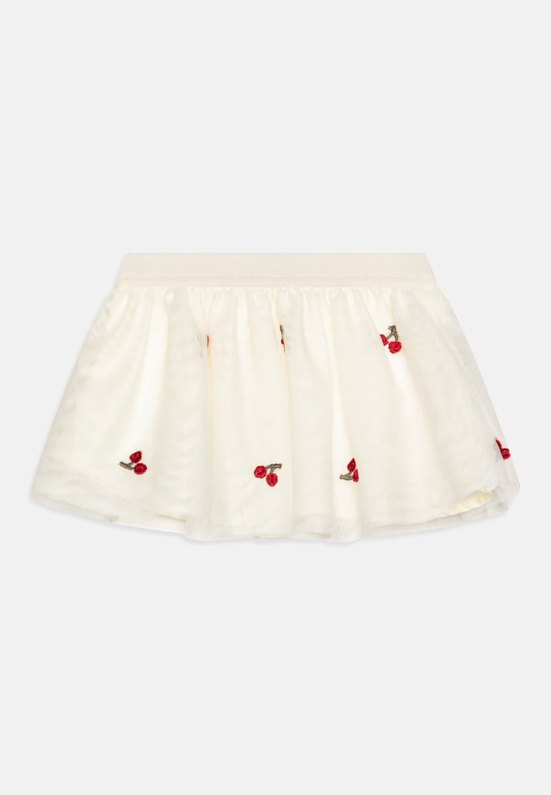 Jupe courte blanche en tissu léger, ornée de broderies de cerises rouges et dotée d'une taille élastique lisse. Forme évasée en A.