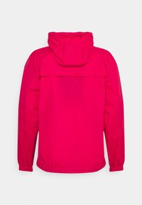 Veste rose zippée avec capuche. Fabriquée en matériau léger, elle possède des poignets élastiques et une ouverture au dos pour la respirabilité.