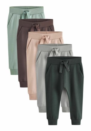 Five pairs of jogger-style pants in varying colors: mint green, dark brown, light pink, gray, and dark green. Each features an elastic waistband and pockets.