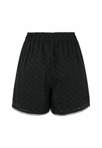 Svarta shorts med elastiskt midjeband, gjorda av textuerad tyg med en broderad mönster och vågig spetskant i fållen.