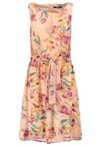 Robe à motifs floraux en pêche, dotée d'un col rond, sans manches et d'une ceinture assortie à la taille. Tissu doux et silhouette fluide.