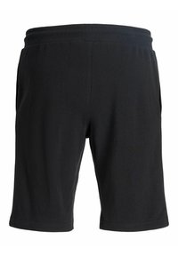 Shorts noirs longueur genou avec ceinture élastique et poches latérales, fabriqués en tissu doux et léger.