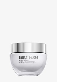Biotherm Aquasource Hydra Barrier Cream in een afgeronde doorschijnende witte pot met een glanzend zilveren deksel, gecentreerd op een effen witte achtergrond.
