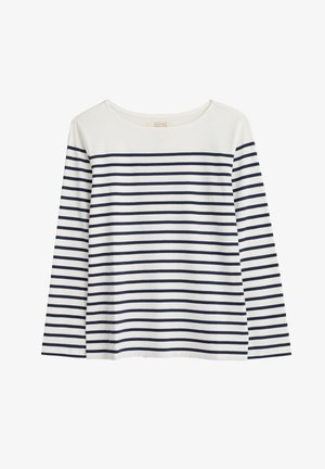 Majica z dolgimi rokavi iz organskega bombaža z belim ozadjem in mornarsko modrimi vodoravnimi črtami. Okrogla izrezana vrhnja obleka, sproščen kroj, brez vidnih okrasnih detajlov.