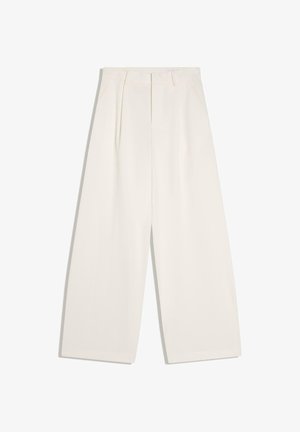 Bredbenede, cremefarvede bukser med høj talje, frontliggende læg, bæltestropper og sidelommer, vist fladt på en hvid baggrund.