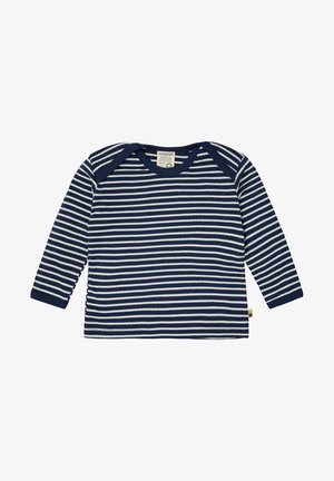 Navyblaues Langarmshirt mit horizontalen weißen Streifen, gerippter Textur und rundem Ausschnitt mit kontrastierendem navyblauem Rand.