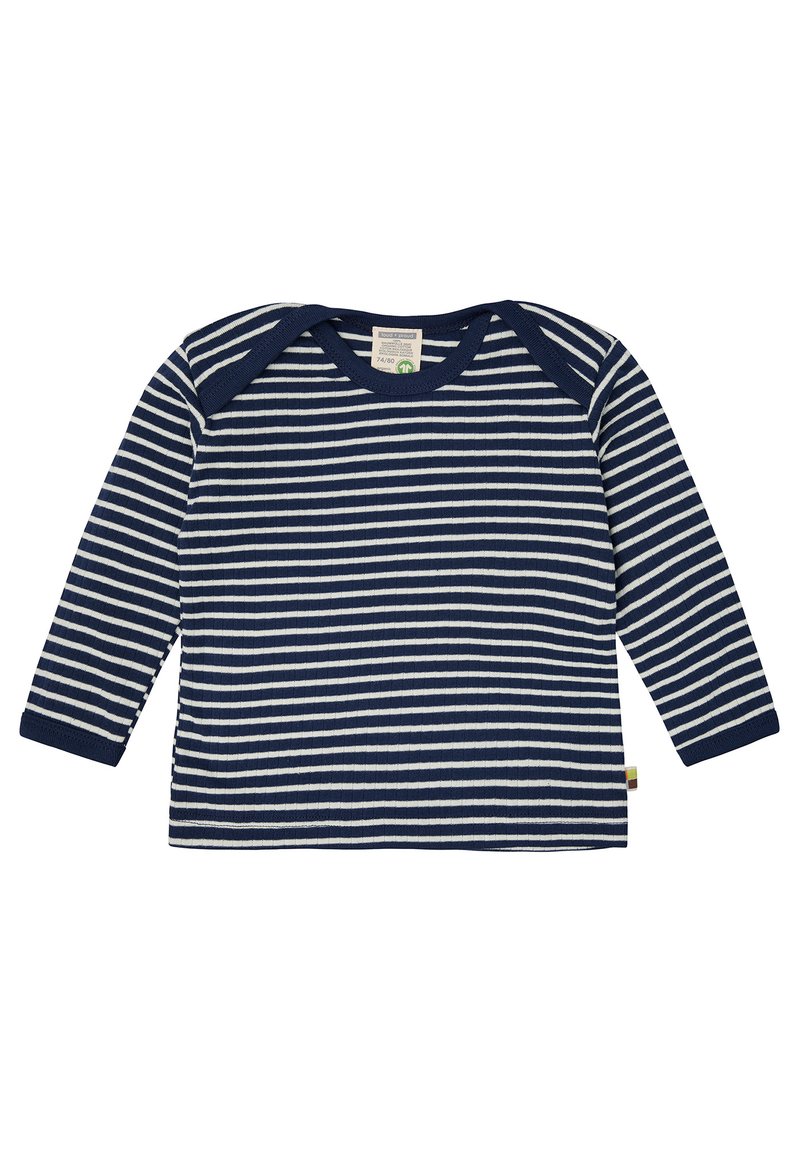 Navyblaues Langarmshirt mit horizontalen weißen Streifen, gerippter Textur und rundem Ausschnitt mit kontrastierendem navyblauem Rand.