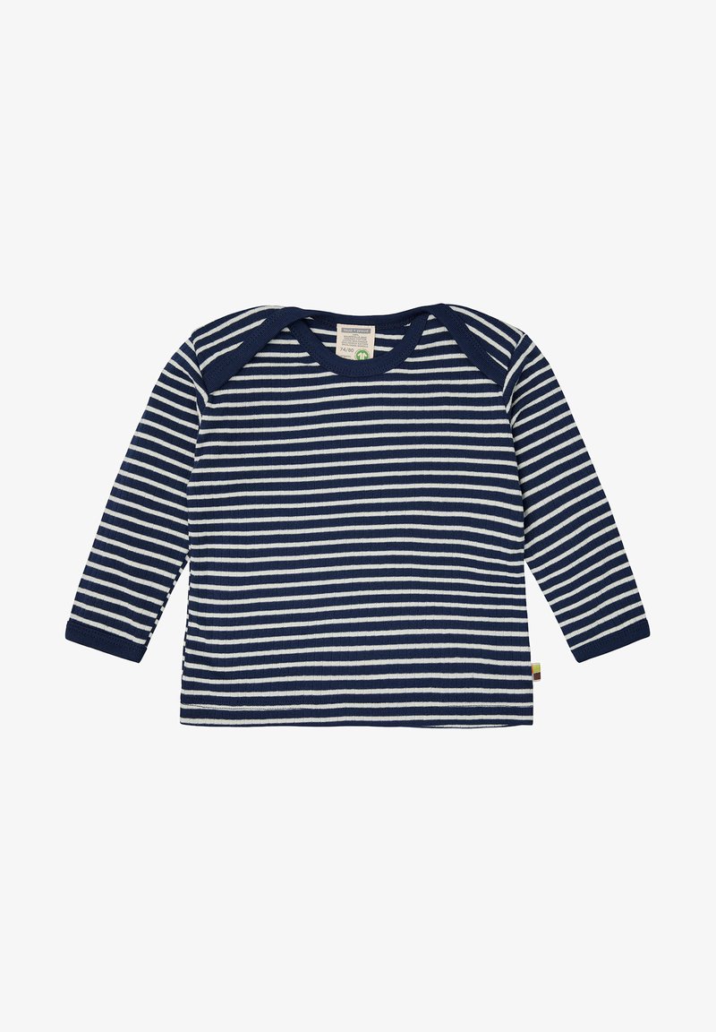 Navyblaues Langarmshirt mit horizontalen weißen Streifen, gerippter Textur und rundem Ausschnitt mit kontrastierendem navyblauem Rand.