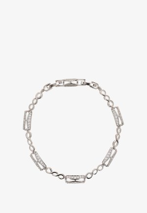 Ezüst karkötő, amely összekapcsolt geometrikus formákból áll, néhány kis, tiszta kővel díszítve, sima felülettel és fényes befejezéssel.