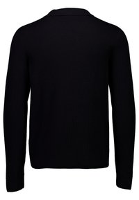 Maglione nero a coste con colletto e maniche lunghe, caratterizzato da un design semplice e un tessuto testurizzato. Vista posteriore mostrata.