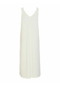 Robe maxi blanche sans manches avec un décolleté en V et un motif floral texturé subtil, présentée sur un fond blanc uni.