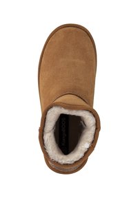 Brauner Wildleder-Stiefelette mit weichem, beigefarbenem Fleece-Futter. Abgerundete Spitze, genähte Nähte und eine robuste Gummisohle. Markenkennzeichnung im Inneren sichtbar.