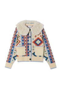 Ζακέτα με κουμπιά εμπρός, με πολύχρωμα γεωμετρικά σχέδια, δύο μπροστινές τσέπες, ριμπ μανσέτες και τελείωμα, και μεγάλο κρεμ κολάρο με υφή.