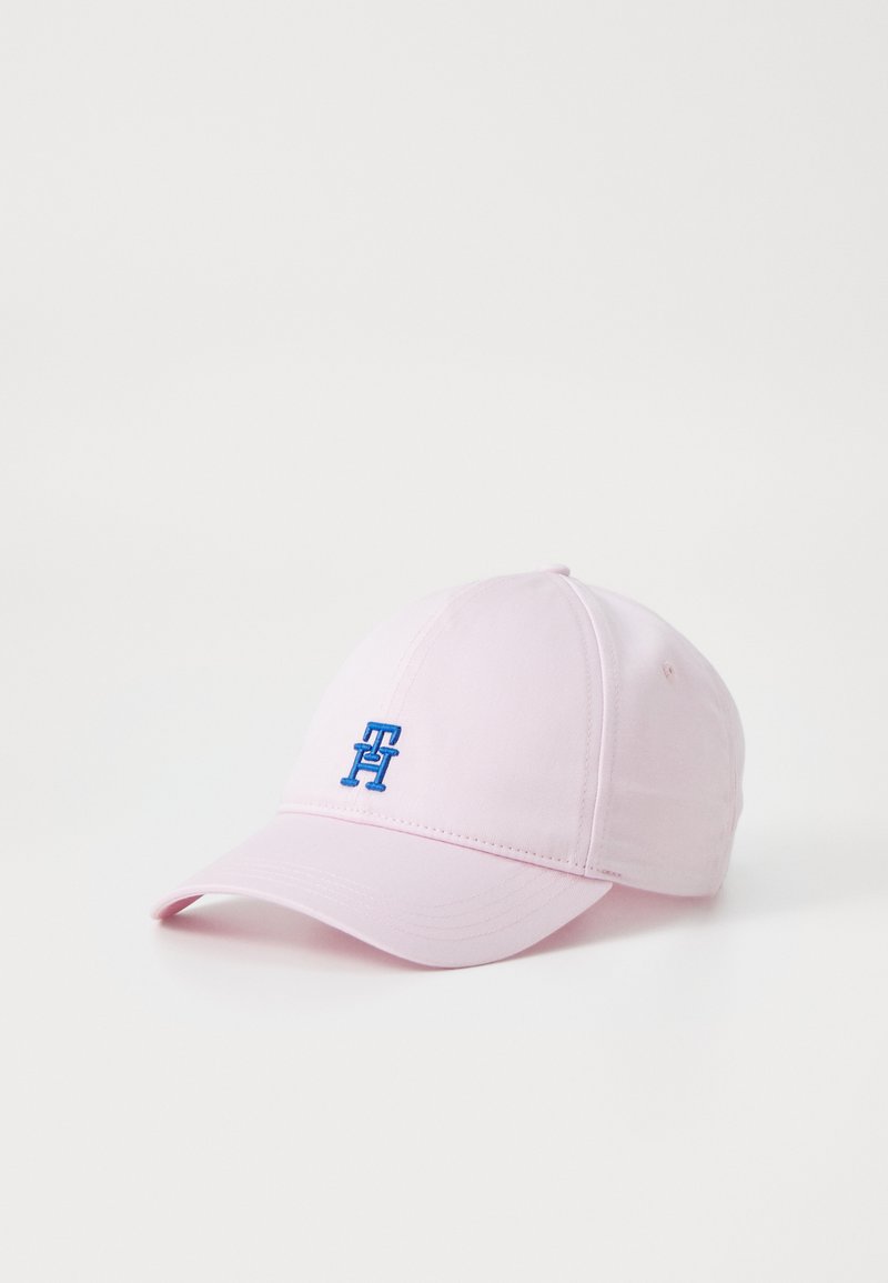 Rosa baseballcaps laget av bomull med buet skjerm, med en blå brodert logo på forsiden og seks-paneldesign med lufteluker.