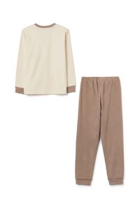Twee-delig slaapset met een lange mouw crème top met bruine manchetten en bijpassende bruine zachte elastische tailleband-onderbroek.