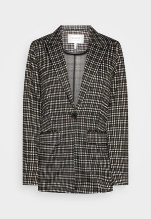 Brun rutete blazer laget av teksturert stoff, med en enkelt knappelukking, to frontlommer og en notched lapel-design.