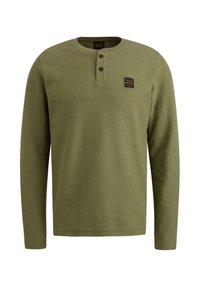 Groene henley shirt met lange mouwen, gemaakt van textuurstof, met een ronde halslijn, drie knopen en een klein merkembleem op de borst.