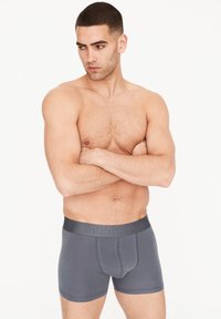 Bañadores grises con una cinturilla cosida que presenta la marca. Tejido suave, diseño ajustado y longitud hasta medio muslo. Sin patrones ni adornos.