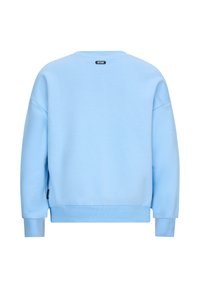 Hellblaues Sweatshirt, weicher Stoff, runder Halsausschnitt, überschnittene Schultern, gerippte Bündchen und Saum, mit einem kleinen schwarzen Etikett auf der Rückseite.