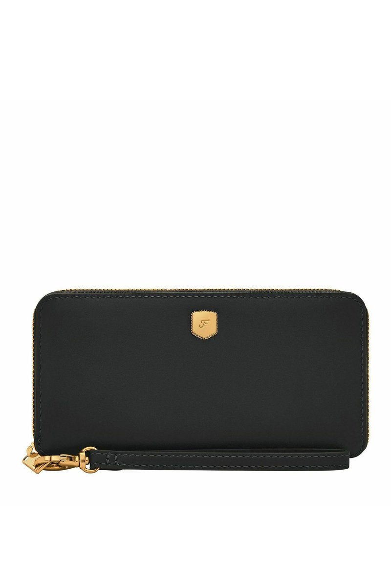 Portefeuille en cuir noir avec fermeture éclair et quincaillerie dorées. Doté d'un emblème de logo et d'une dragonne, affichant un design rectangulaire épuré.