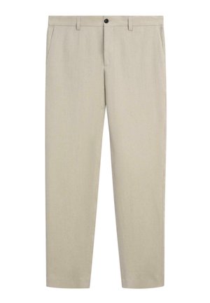 Pantaloni chino beige a gamba dritta con passanti per cintura, chiusura frontale con bottone e cerniera, e tasche laterali.