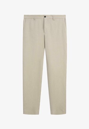 Béžové chinos s přímými nohavicemi, poutky na opasek, knoflíkovým a zipovým zapínáním vpředu a bočními kapsami.