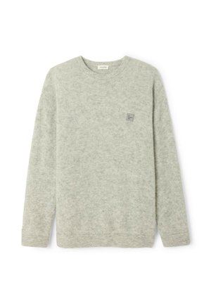 Light gray crewneck sweater made from soft fabric. Features long sleeves and a small square brand patch on the chest. Textured surface.