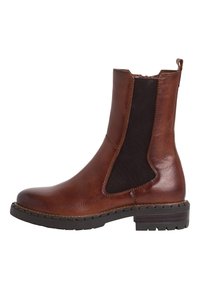Braune Leder-Stiefelette mit elastischen Seiteneinsätzen, strukturiertem Finish, abgerundetem Zeh und robuster Gummisohle. Verstärkte Nähte sind sichtbar.
