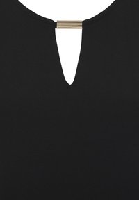 Black top with a V-shaped neckline and a metallic gold accent in the center. The fabric appears smooth and has a fitted design.