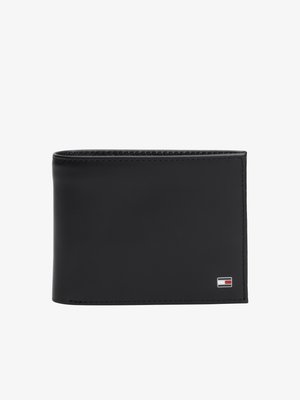 Black leather wallet with a smooth texture, bi-fold design, and a small logo accent in the bottom corner. No visible patterns.
