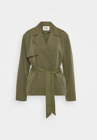 Olive green jacket with a belted waist, collar, and a single top pocket. Features a smooth fabric and tailored design with long sleeves.